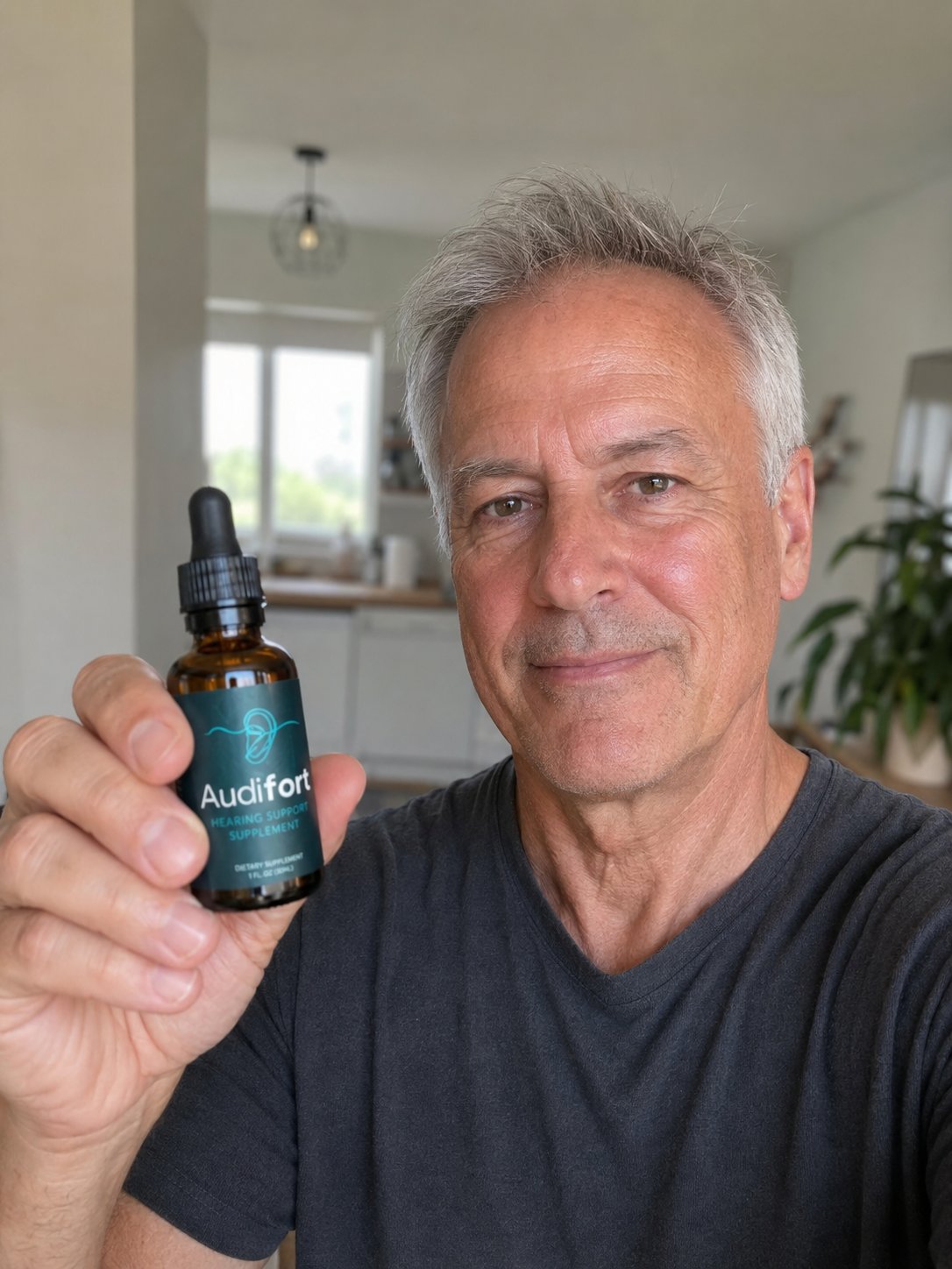 Customer holding Audifort bottle